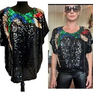 ANN GREEN rare vintage retro 70s 80s 90s sequin beaded bird short sleeve blouse